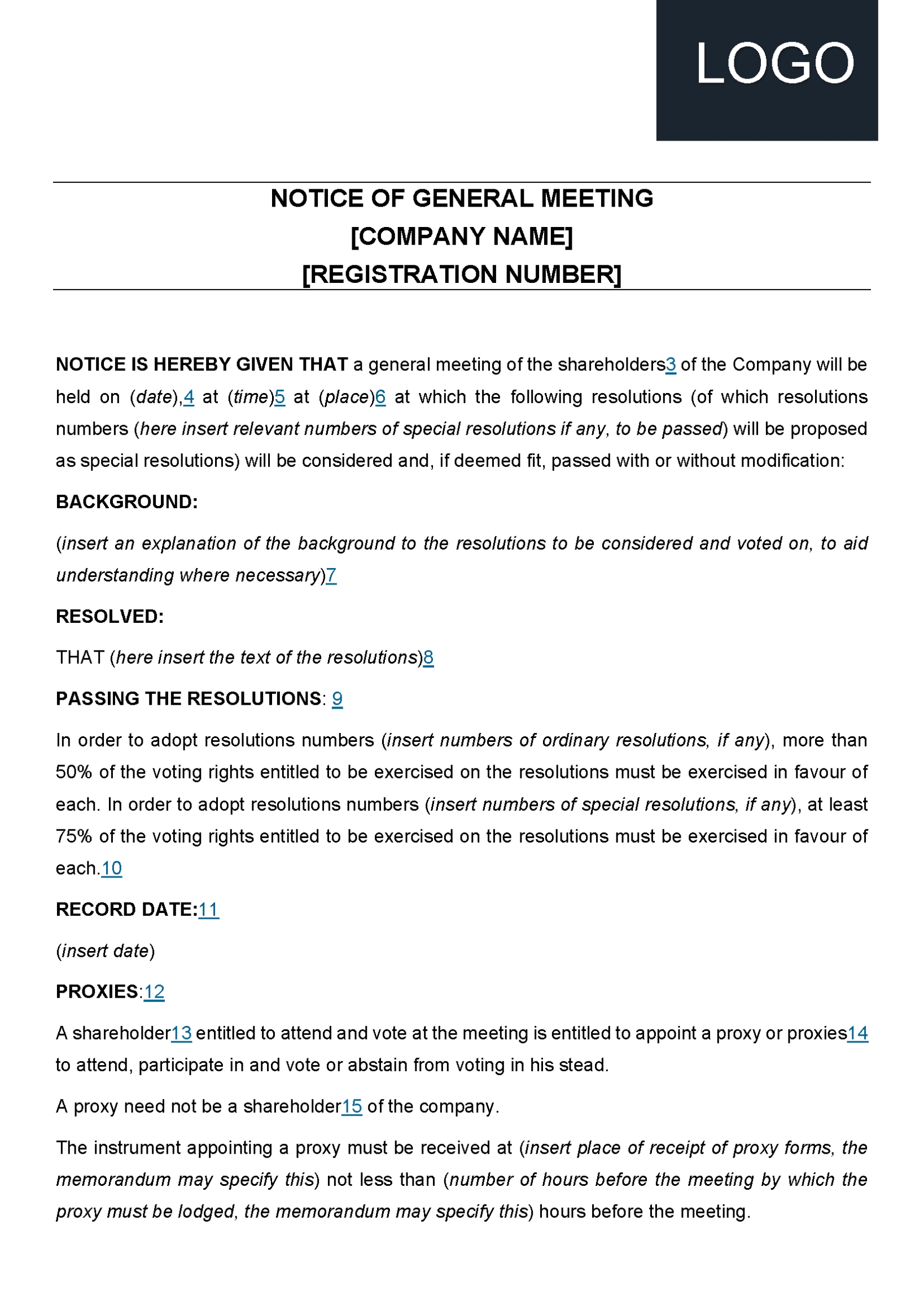 Notice For A General Meeting – Legal Precedents With Termination Of Shareholders Agreement Template