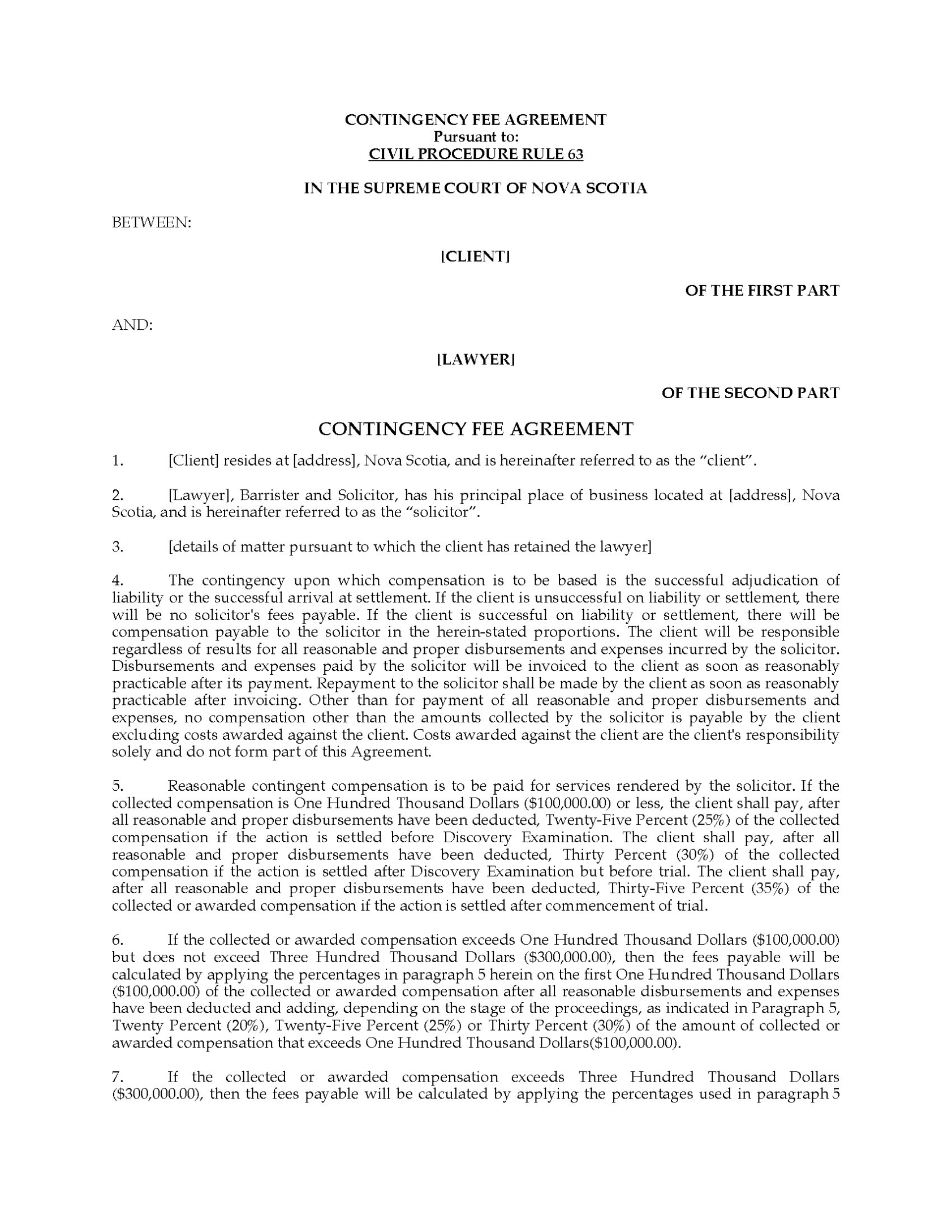Nova Scotia Lawyer'S Contingency Fee Agreement | Legal Forms And within contingency fee agreement template