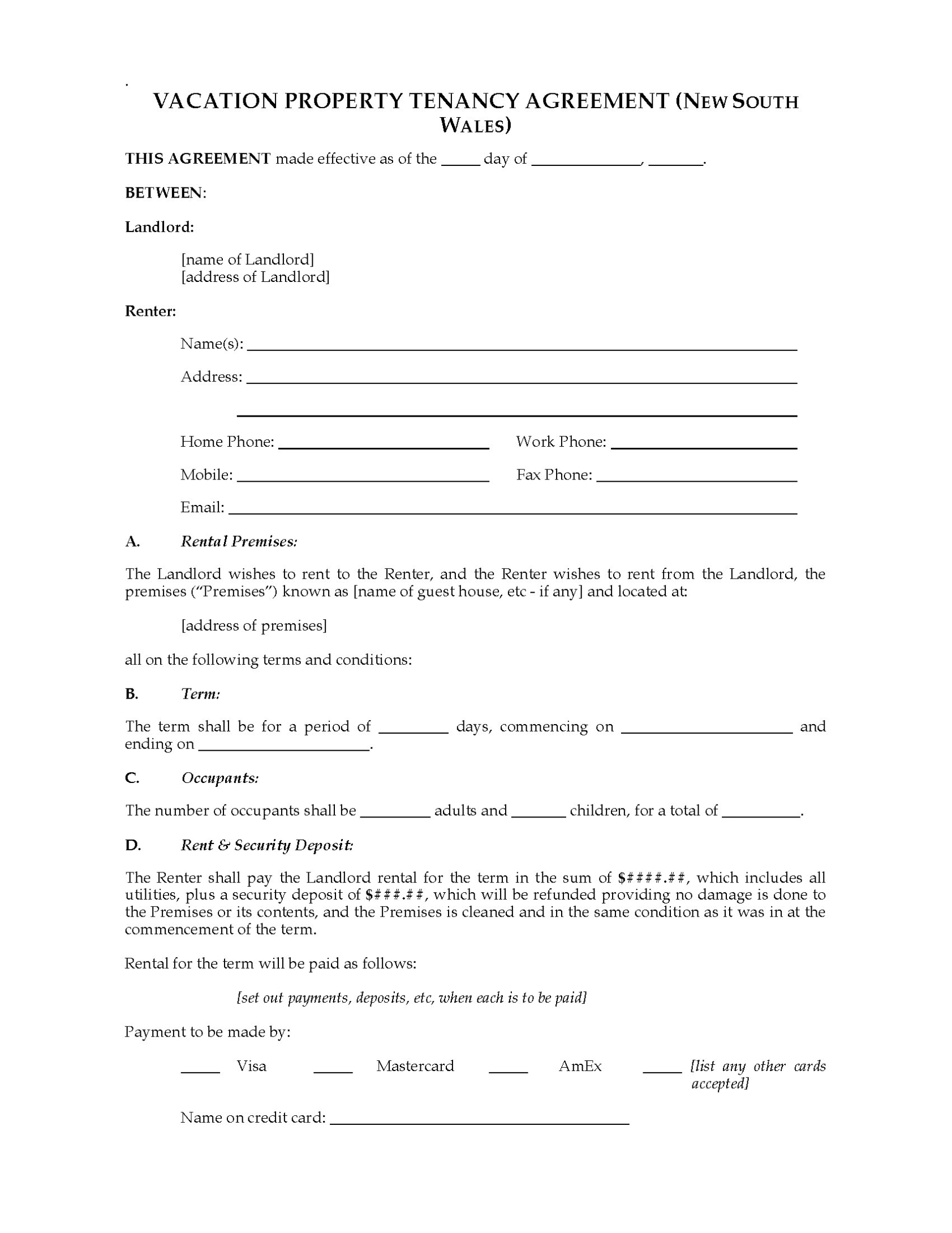Nsw Vacation Property Rental Agreement | Legal Forms And Business Inside Vacation Home Rental Agreement Template