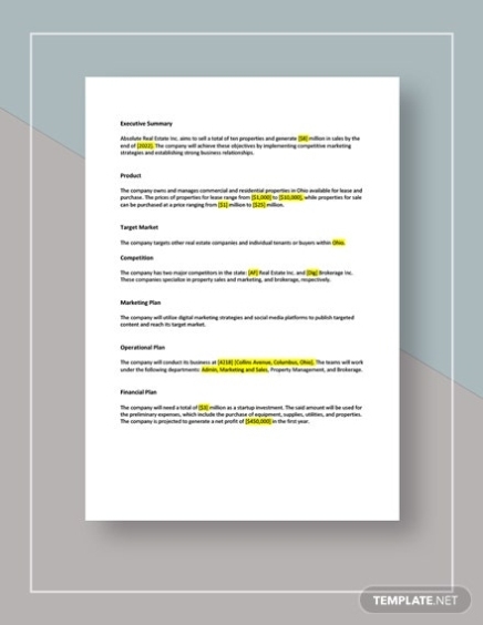 One Page Real Estate Business Plan Template – Google Docs, Word For Property Development Business Plan Template Free