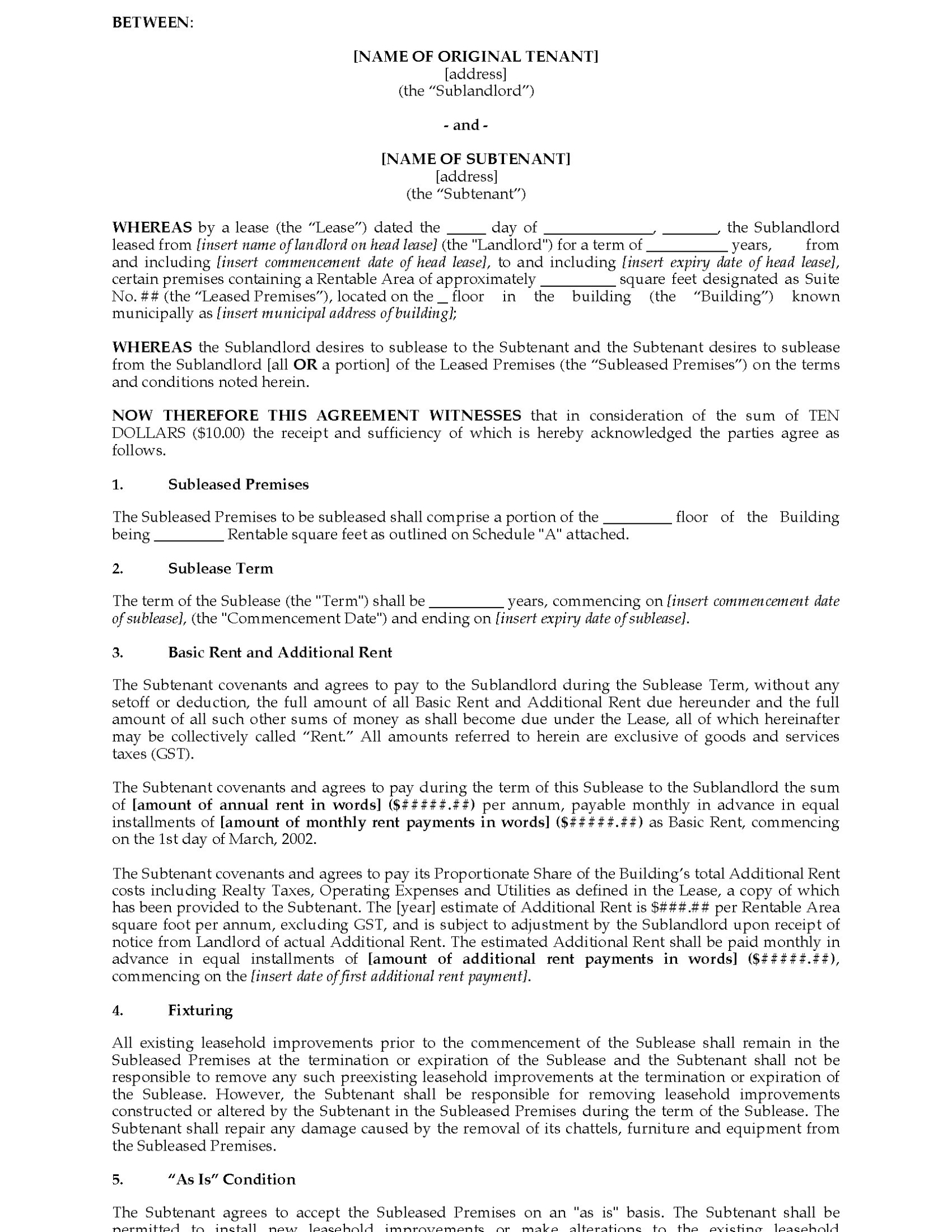 Ontario Sublease Agreement For Commercial Premises | Legal Forms And Pertaining To Free Commercial Sublease Agreement Template