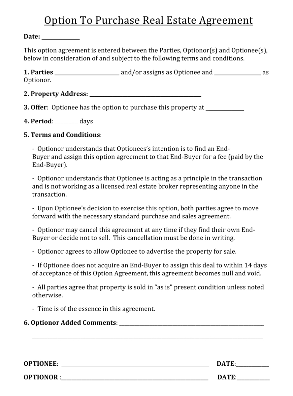 Option To Purchase Real Estate Agreement Template Download Printable Regarding Real Estate Finders Fee Agreement Template