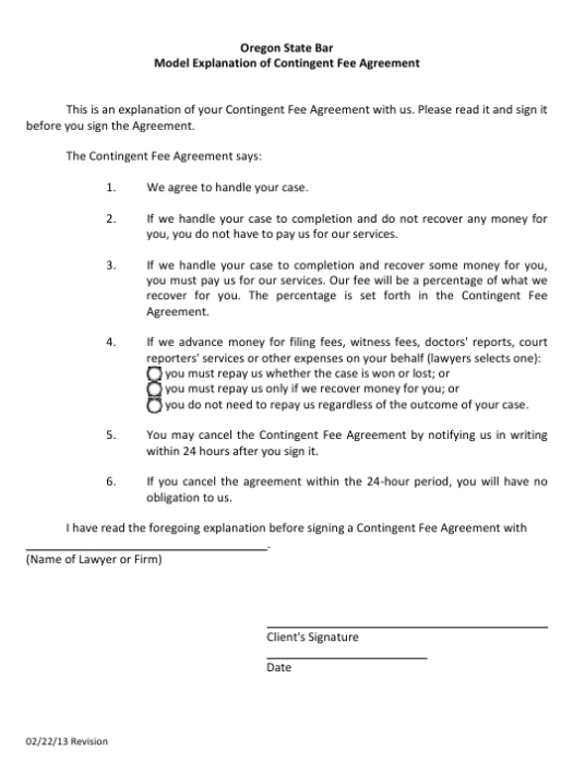 Oregon Model Explanation Of Contingent Fee Agreement Download Fillable Pertaining To Conditional Fee Agreement Template