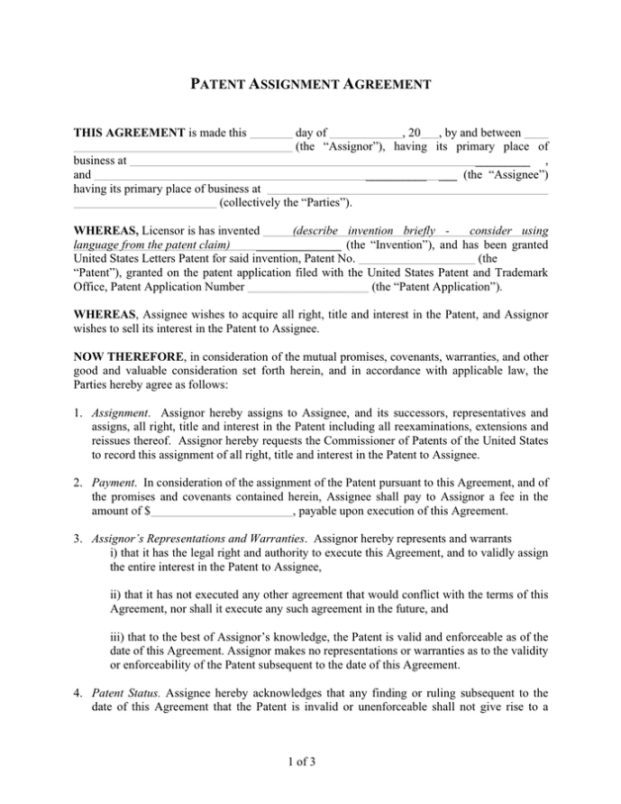Patent Assignment Agreement Template In Word And Pdf Formats For Trademark Assignment Agreement Template