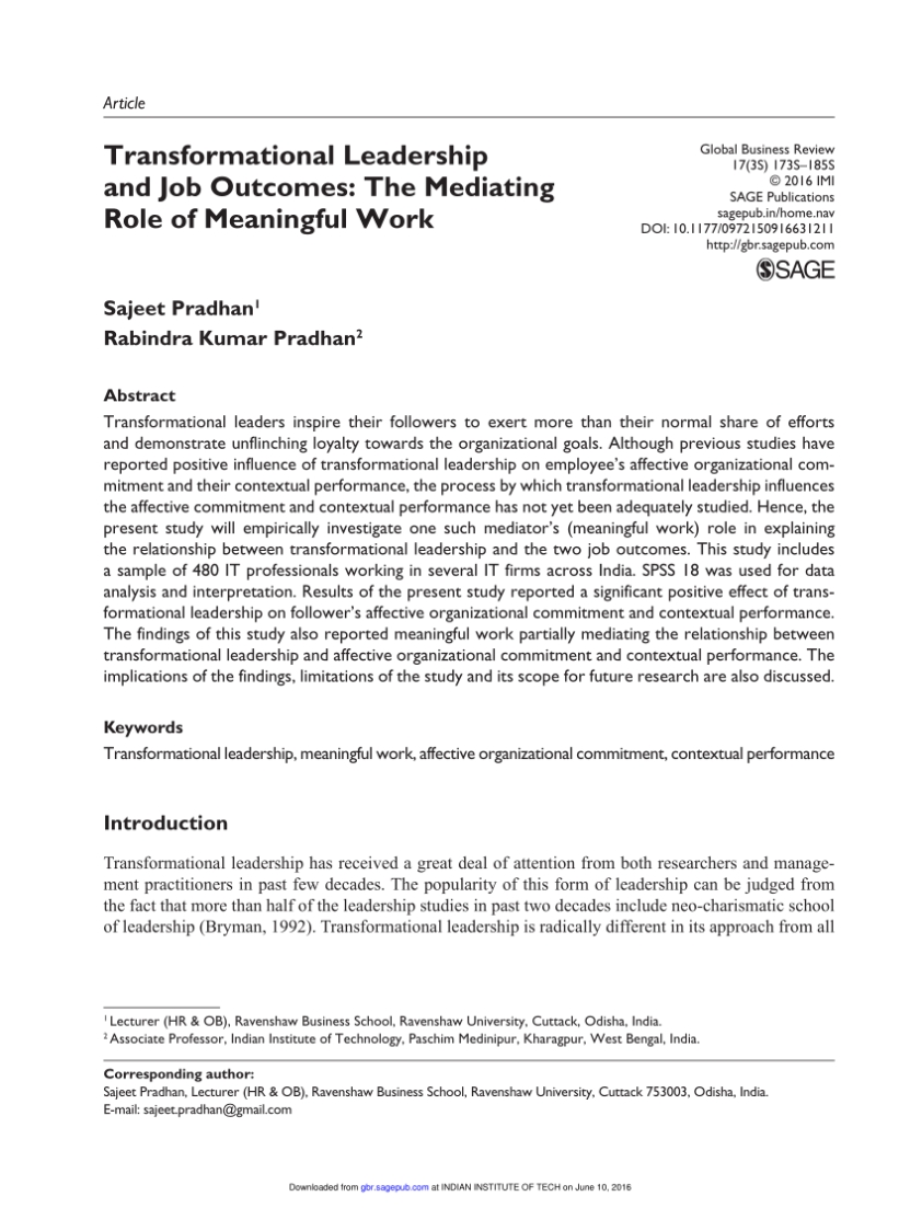 (Pdf) Transformational Leadership And Job Outcomes: The Mediating Role Throughout Mediation Outcome Agreement Template