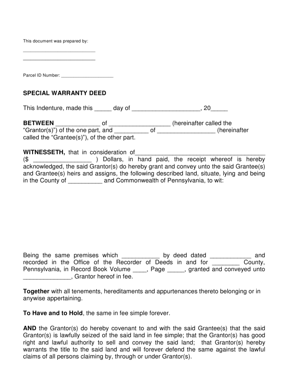 Pennsylvania Special Warranty Deed Form Download Printable Pdf In Limited Warranty Agreement Template