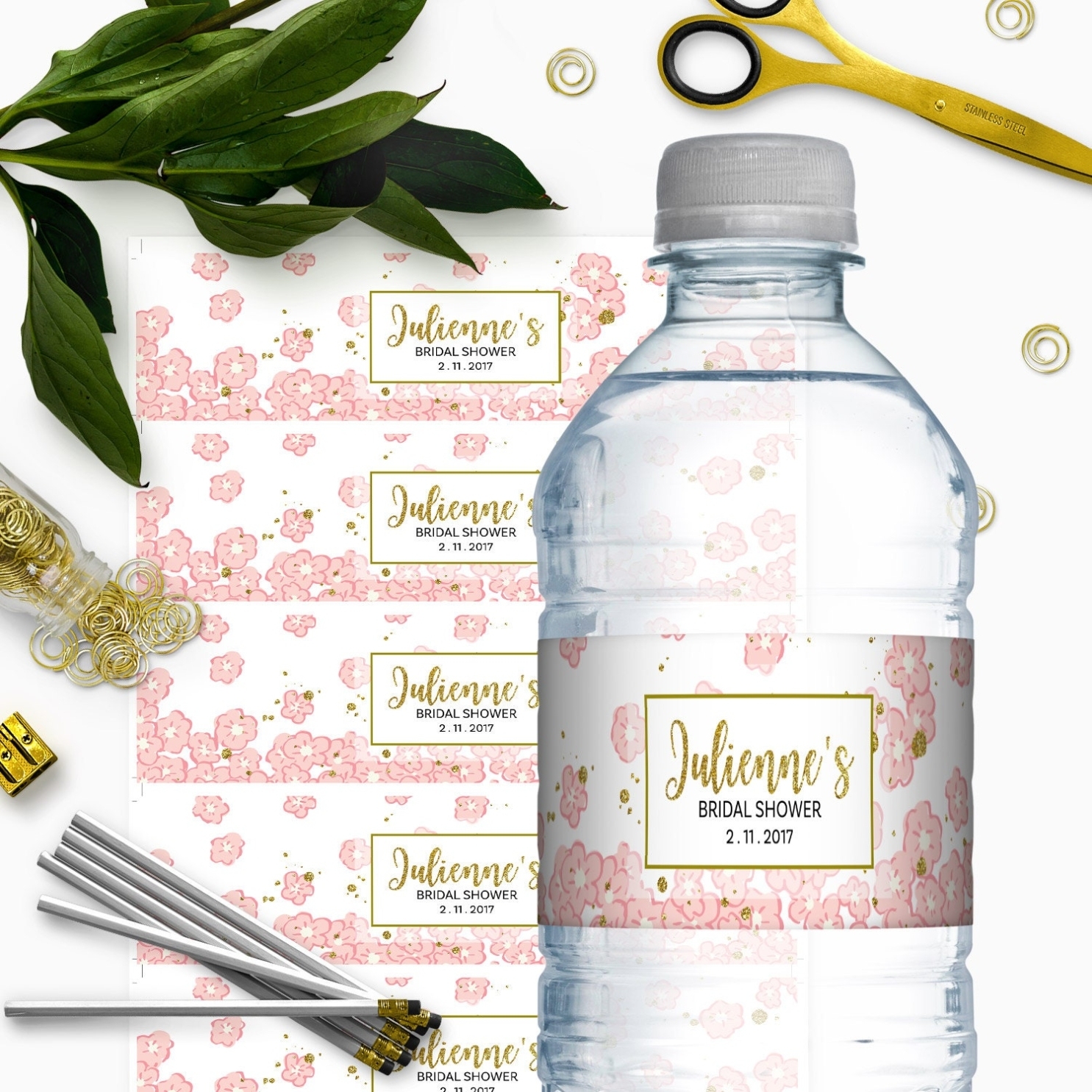 Pink And Gold Bridal Shower Water Bottle Labels Glitter Modern With Bridal Shower Label Templates