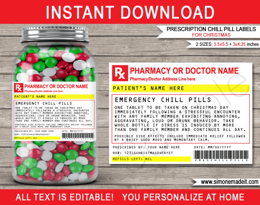 Prescription Chill Pills For Christmas Gift Label Template | Emergency In Prescription Bottle Label Template