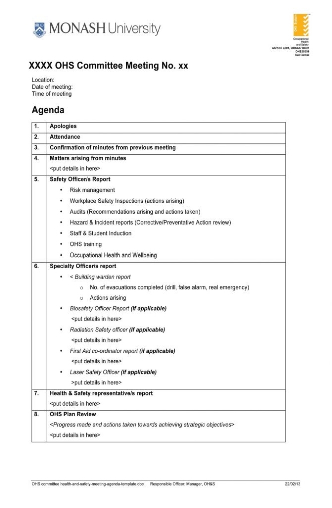 Printable Safety Committee Agenda Template – Launcheffecthouston Throughout Safety Committee Meeting Template