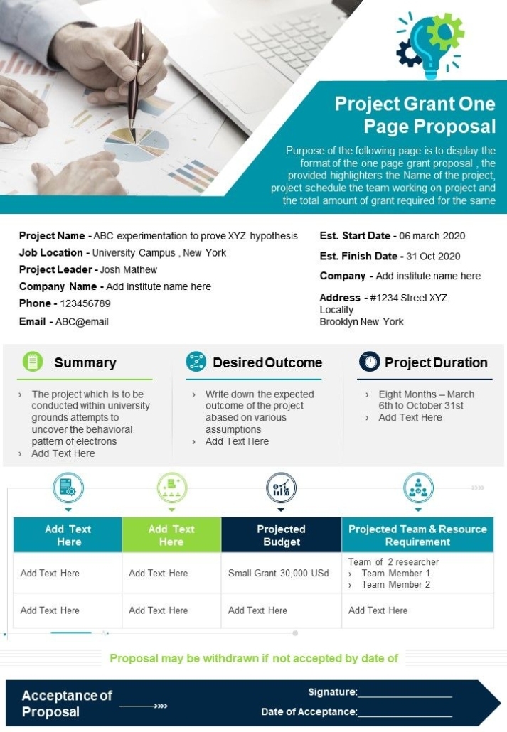 Project Grant One Page Proposal Presentation Report Infographic Ppt Pdf Regarding One Page Project Proposal Template