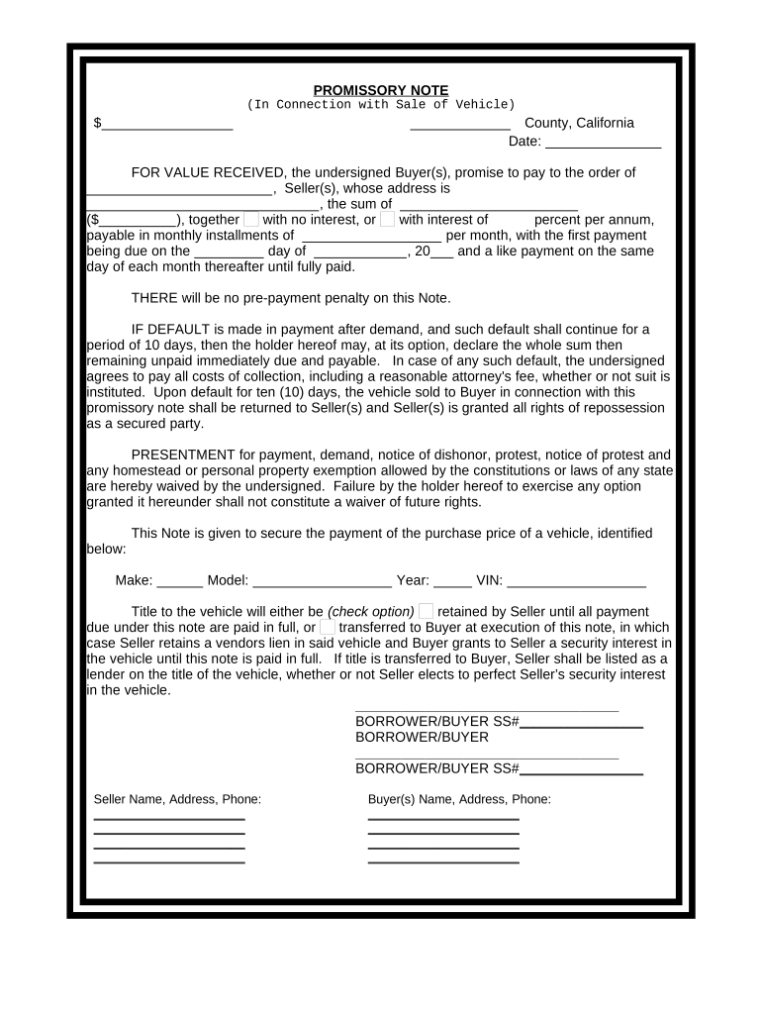 Promissory Note In Connection With Sale Of Vehicle Or Automobile Throughout California Promissory Note Template