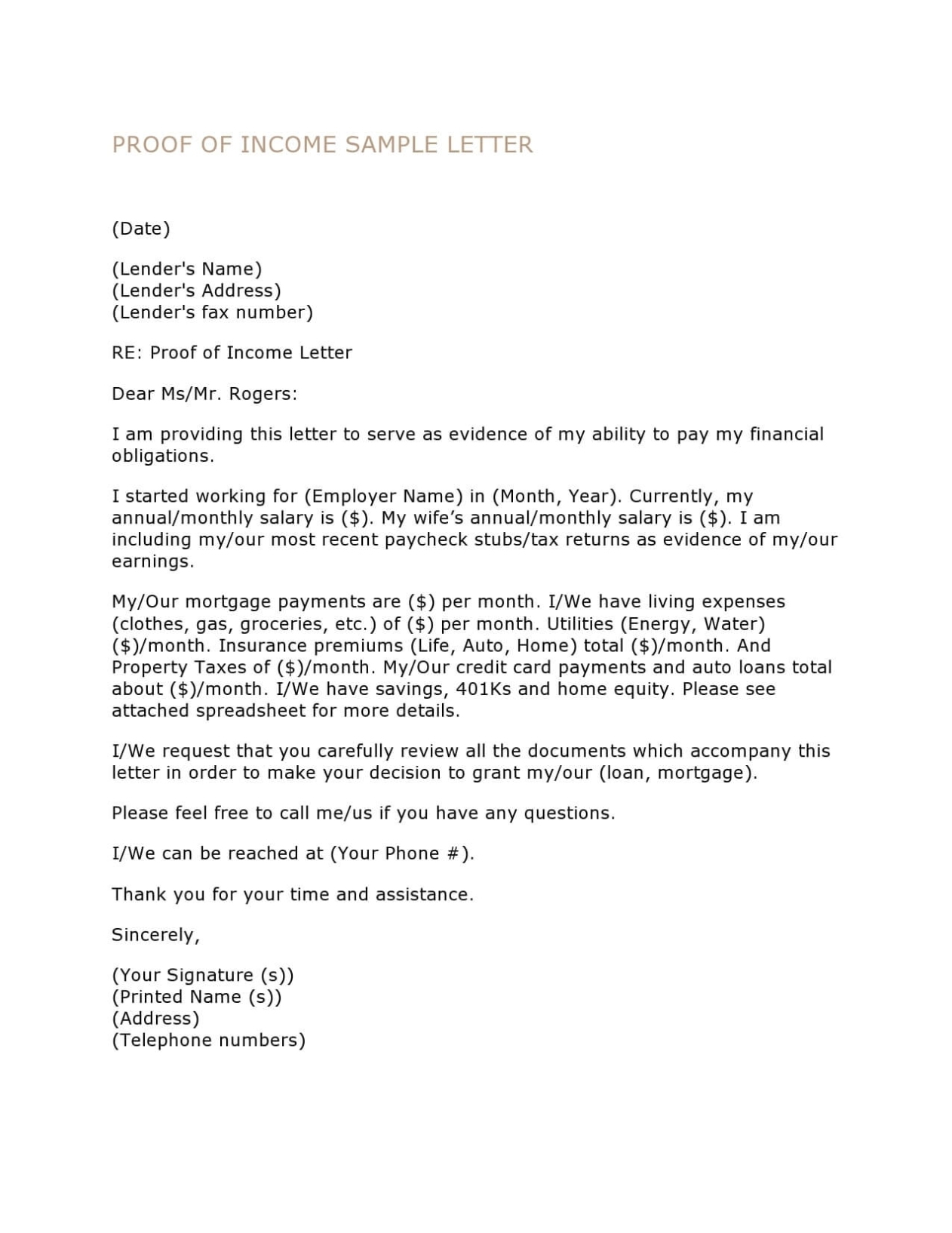 Proof Of Income Sample Letter Template | Printable With Regard To Proof Of Income Letter Template