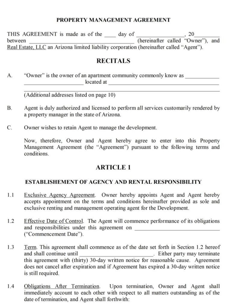 Property Management Contract inside Free Commercial Property Management Agreement Template