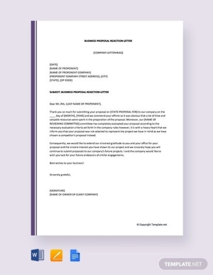 Proposal Rejection Letter – 10+ Free Sample, Example Format Download For Proposal Rejection Letter Template