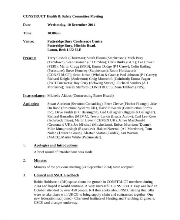 Safety Meeting Minutes Template – 7+ Free Word, Pdf Document Download For Safety Committee Meeting Template