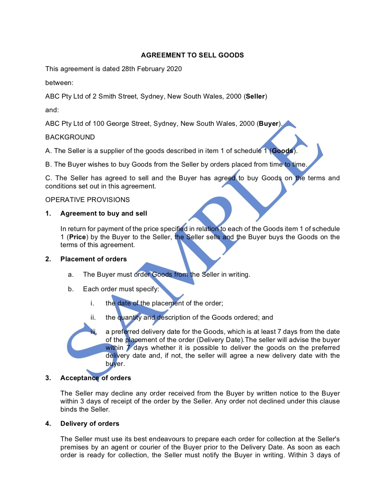Sale Of Goods Agreement - Free Template | Sample - Lawpath Regarding Credit Purchase Agreement Template