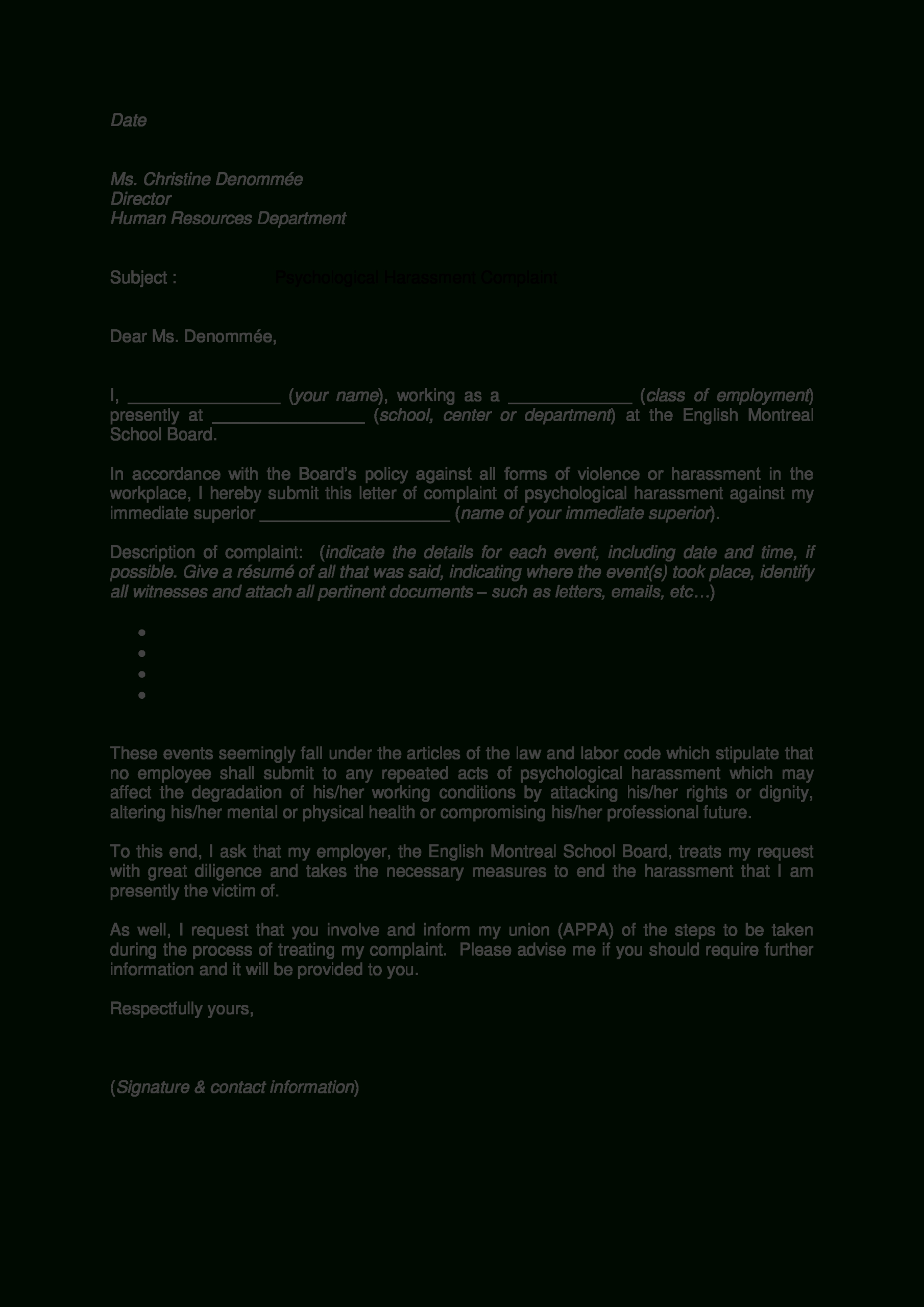 Sample Harrasement Complaint Letter | Templates At Allbusinesstemplates Intended For Grievance Template Letters