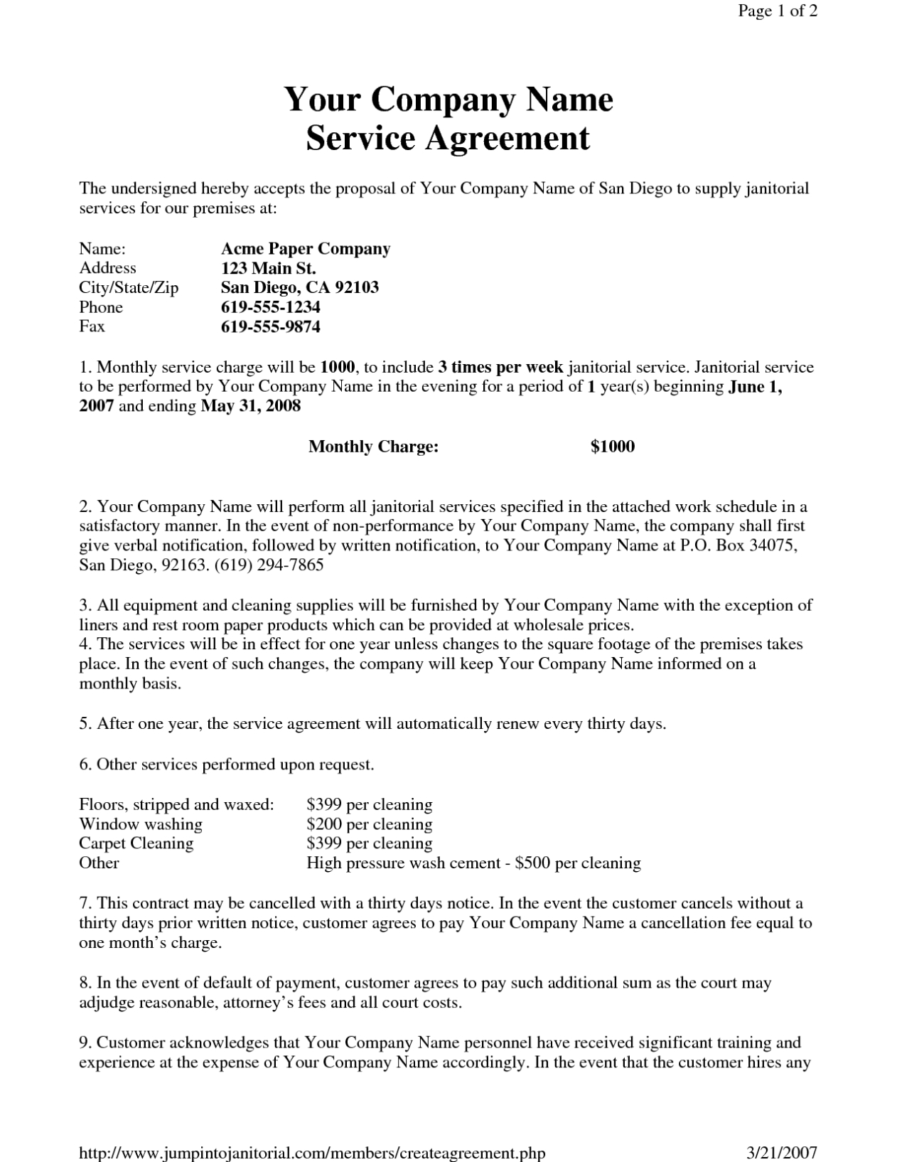 Sample Janitorial Contract - Free Printable Documents Within Cleaning Business Contract Template