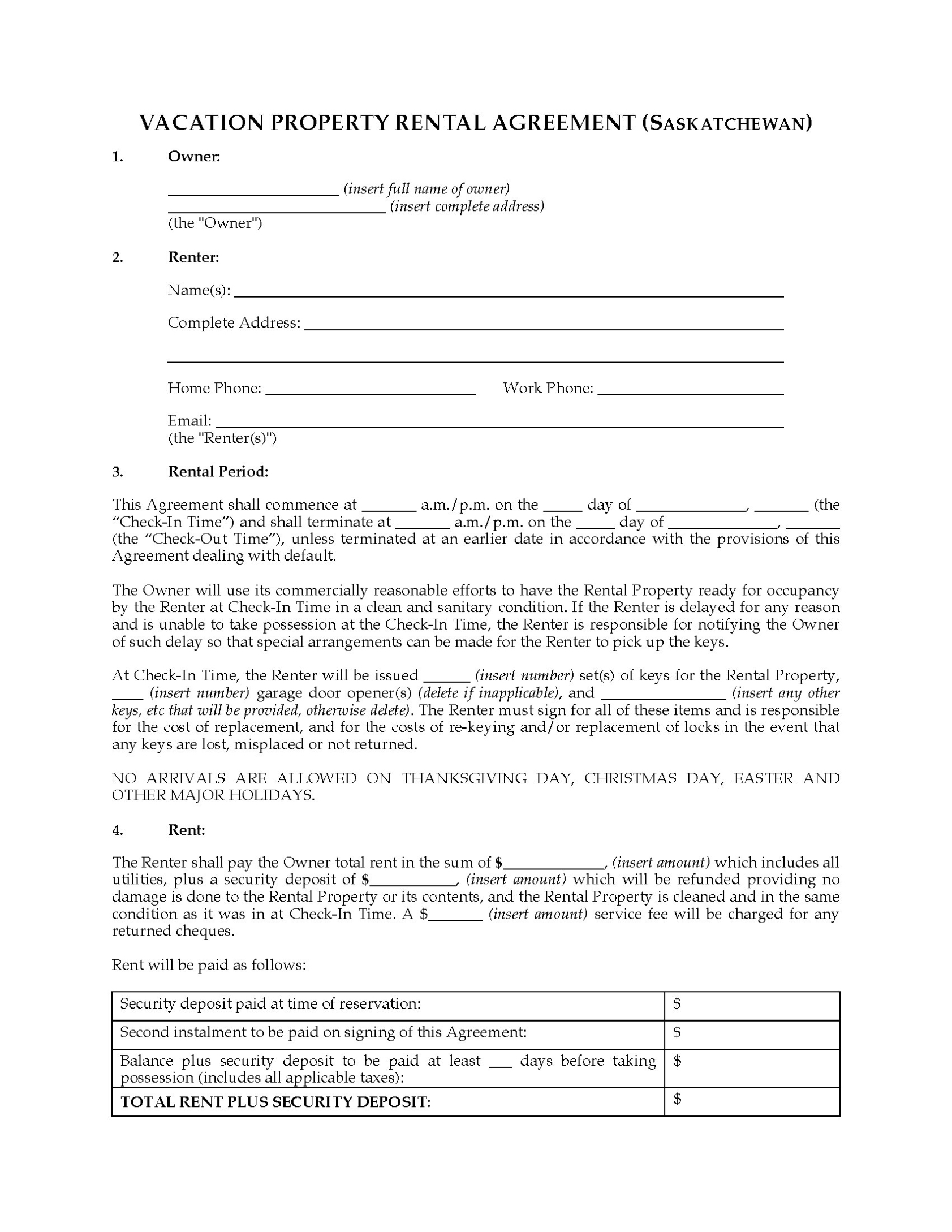 Saskatchewan Vacation Property Rental Agreement | Legal Forms And Inside Vacation Rental Lease Agreement Template