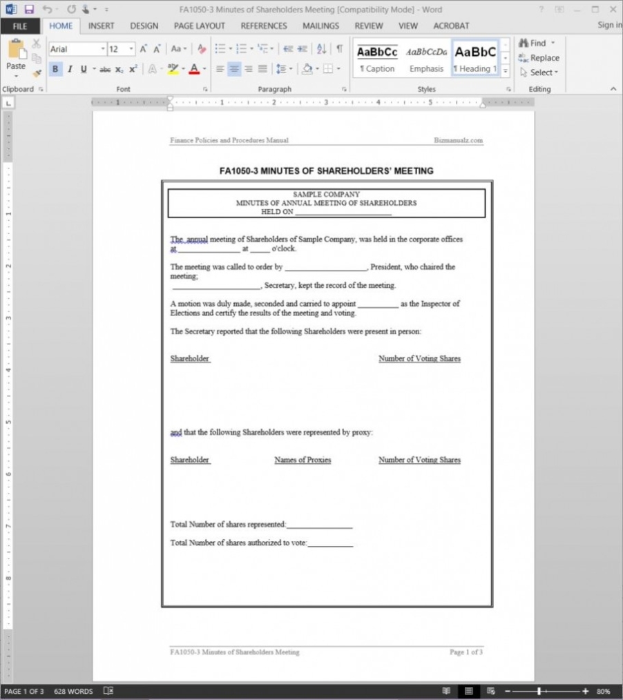 Shareholders Meeting Minutes Template With Regard To Minutes Of Shareholders Meeting Template