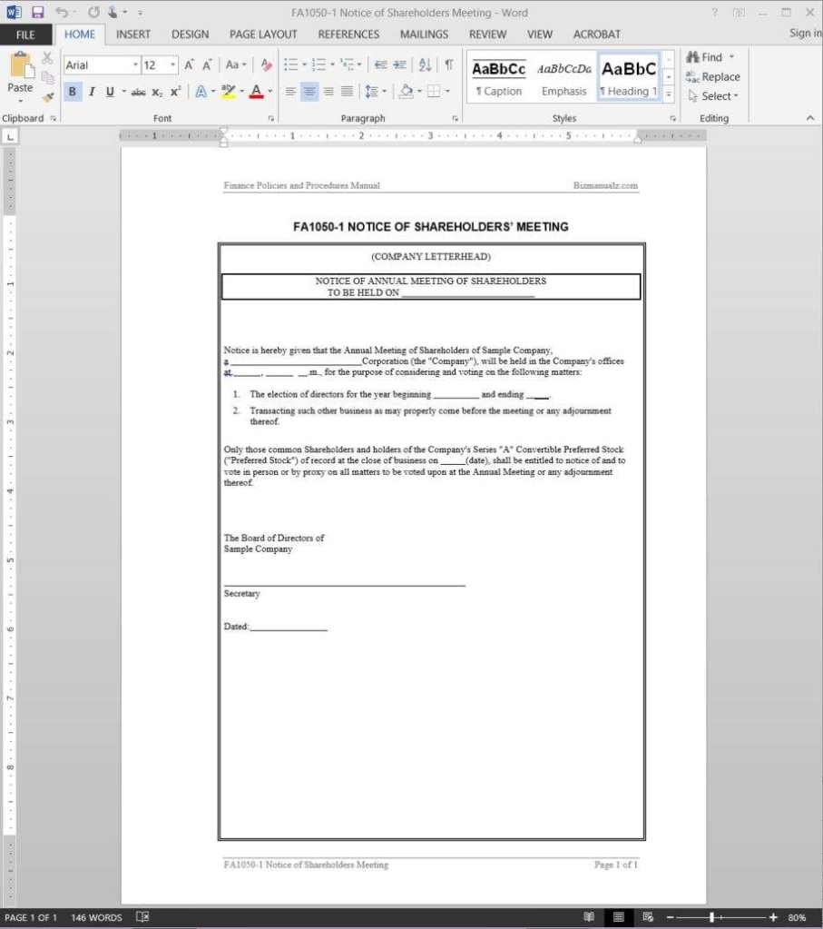 Shareholders Meeting Notice Template In Minutes Of Shareholders Meeting Template