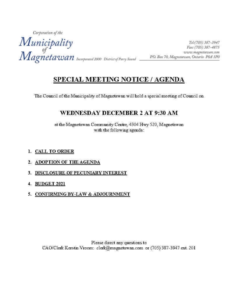 Special Meeting Notice/Agenda – Municipality Of Magnetawan In Meeting Notice Template