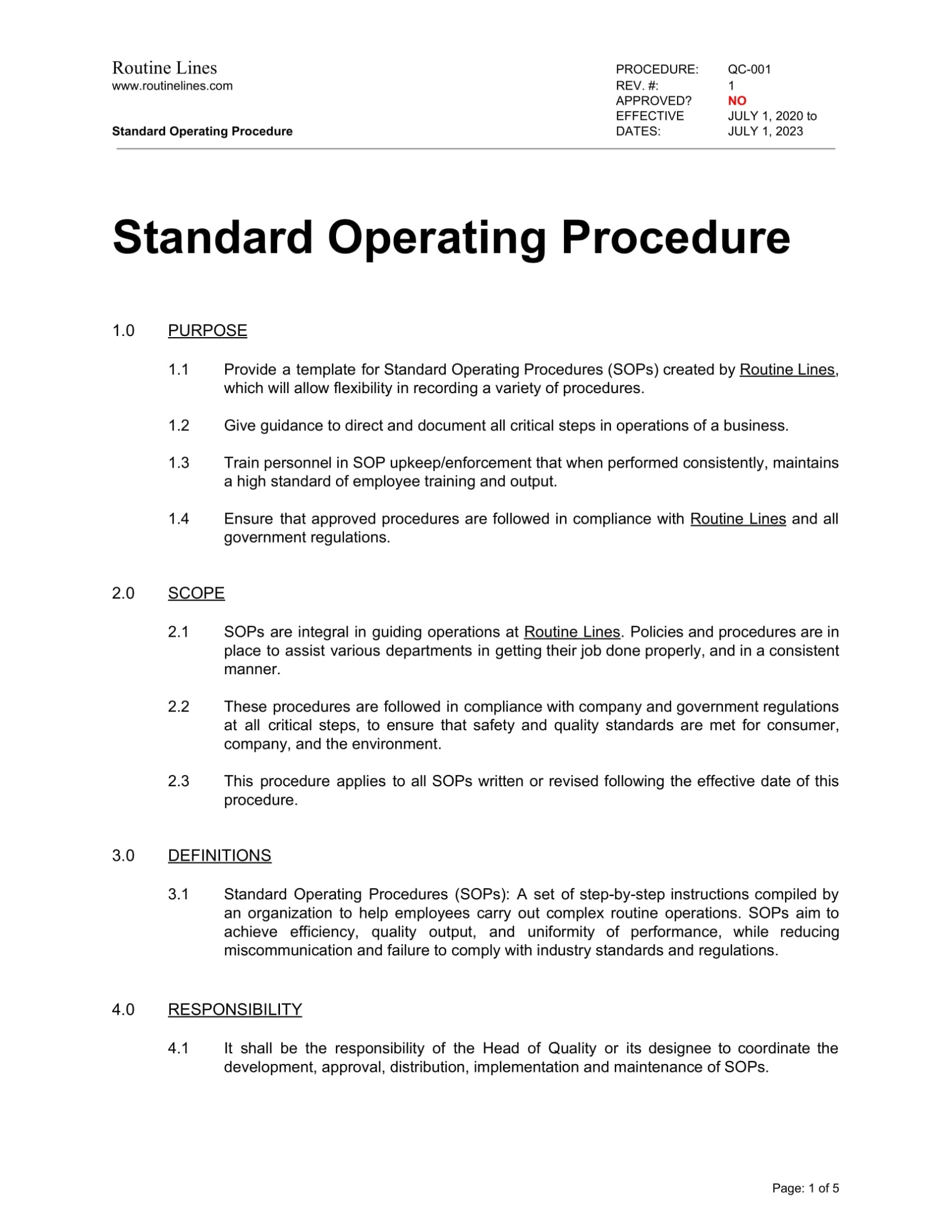 Standard Operating Procedure Template - Routine Lines with Procedure Note Template