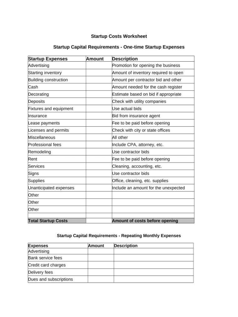Startup Costs Doc Template | Pdffiller For Business Costing Template