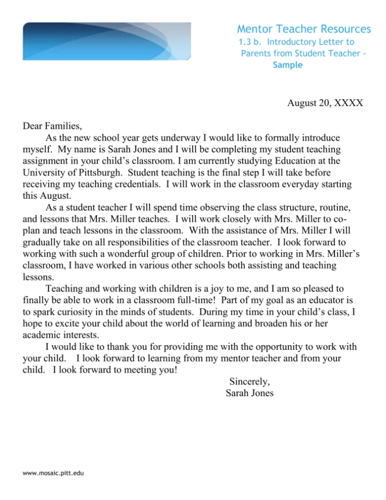 Template: Introductory Letter To Parents From Student Teacher with regard to Letter To Parents Template From Teachers