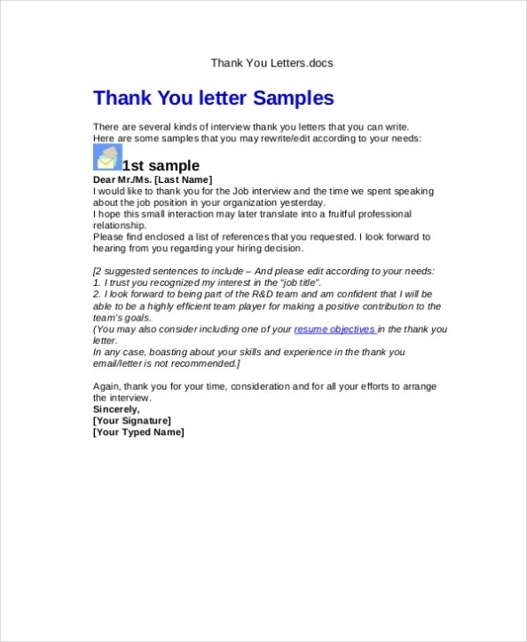 Thank You Letter After Interview – 1+ Free Word, Pdf Documents Download Within Thank You Note For Job Interview Template