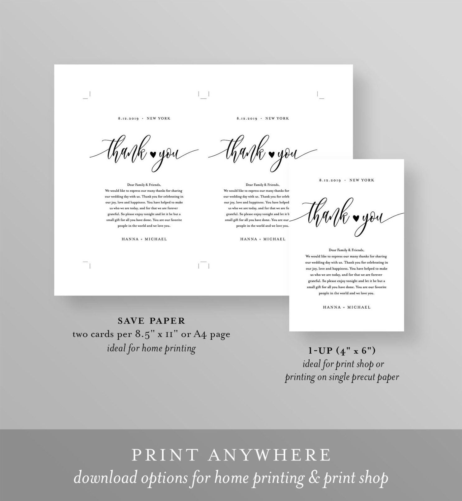 Thank You Note Template, Rustic Wedding In Lieu Of Favor Card, 100% Inside Wedding Thank You Note Template