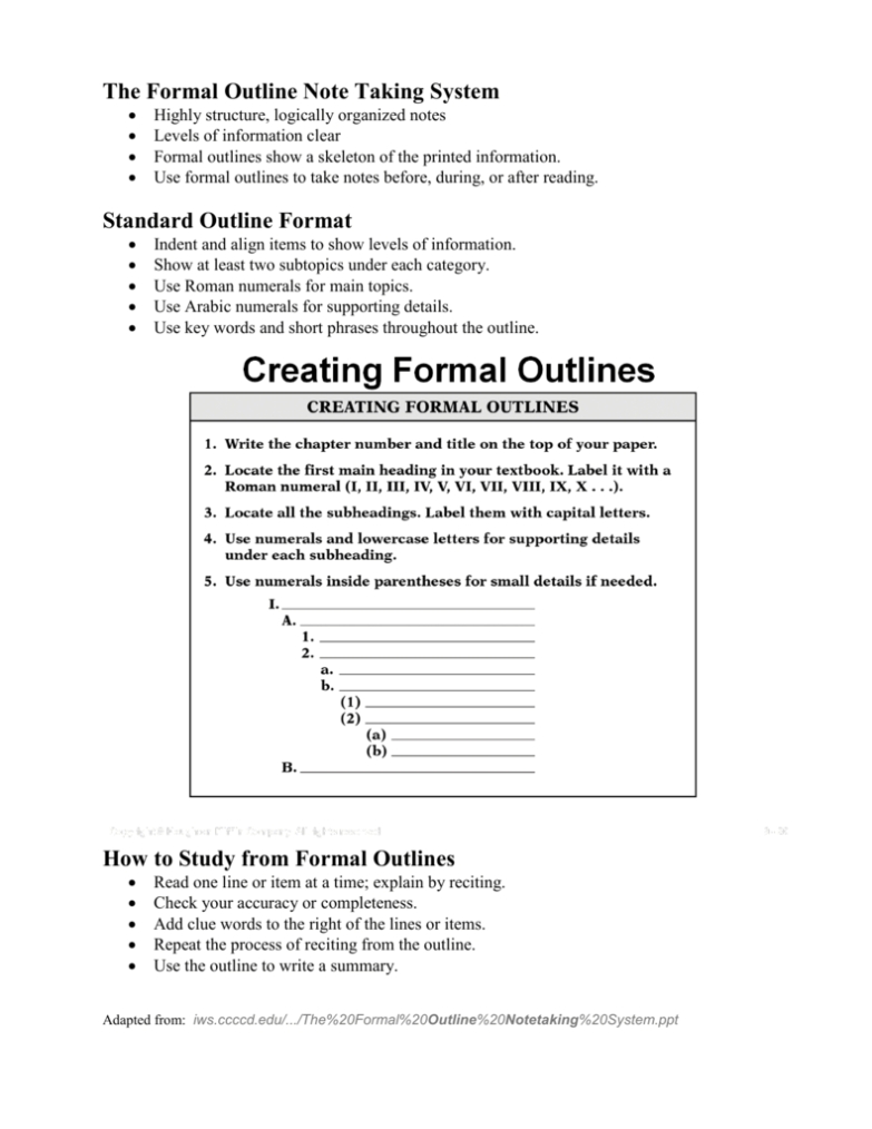 The Formal Outline Note Taking System Standard Outline Format Regarding Notes Outline Template