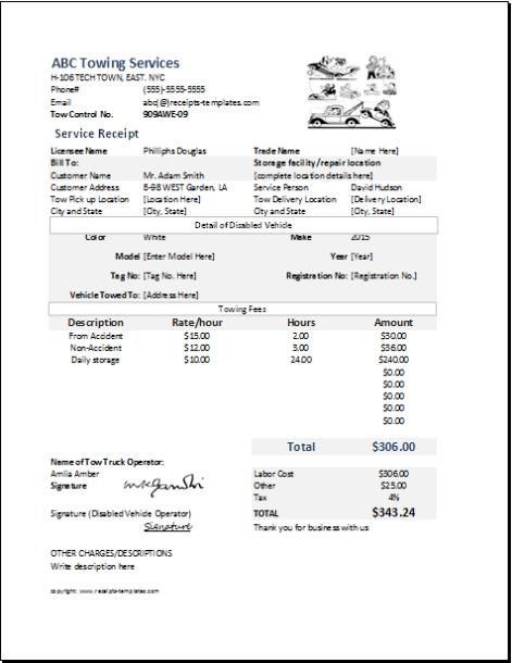 Towing Company Receipt Template - Invoice Template Intended For Towing Service Agreement Template