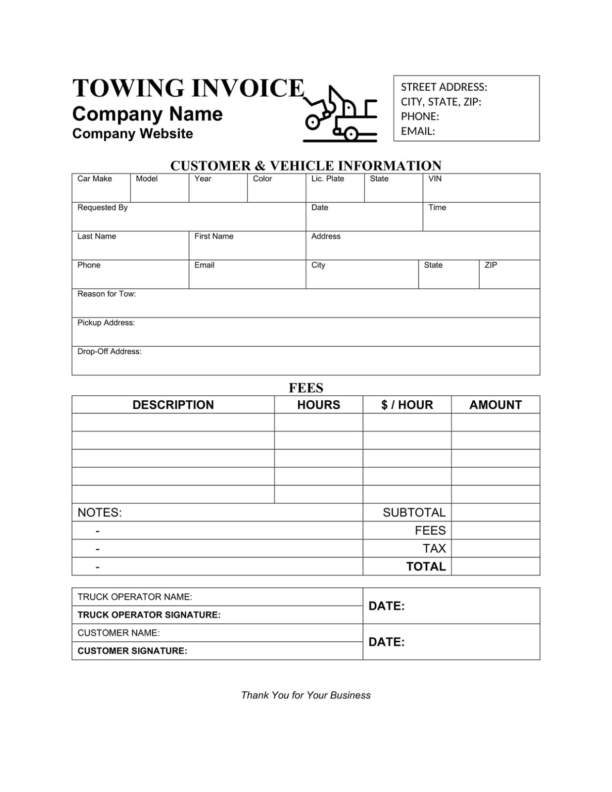 Towing Invoice Template Sample | Geneevarojr With Towing Business Plan Template