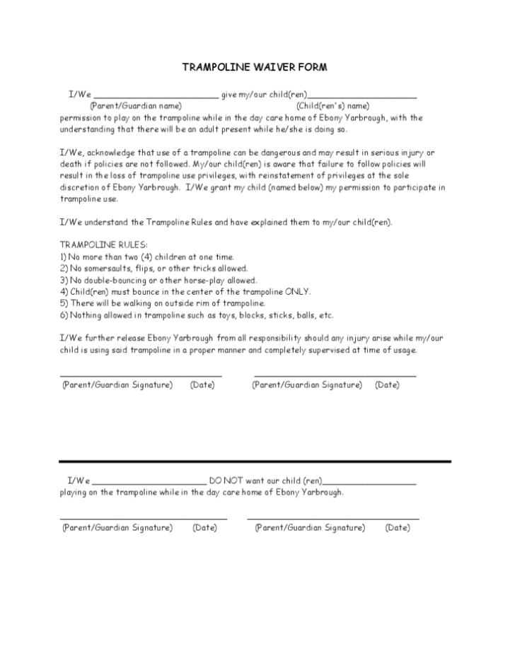 Trampoline Waiver Sample Form Free Download Within Bounce House Rental Agreement Template