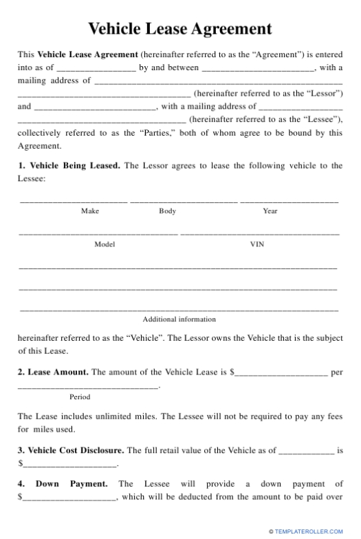 Vehicle Lease Agreement Template Download Printable Pdf | Templateroller for vehicle rental agreement template