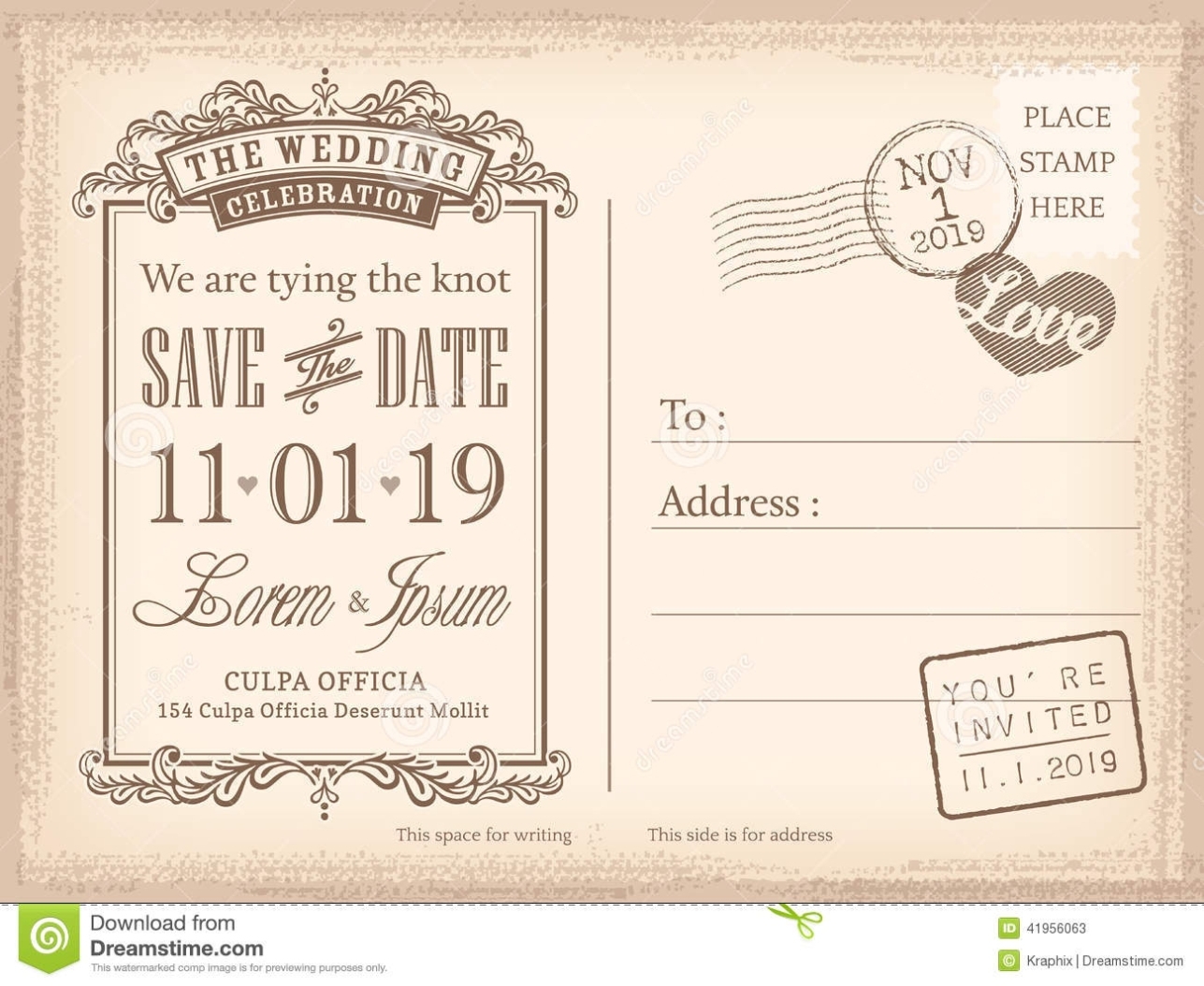 Vintage Postcard Save The Date Background For Wedding Invitation Stock with regard to Vintage Postcard Save The Date Template