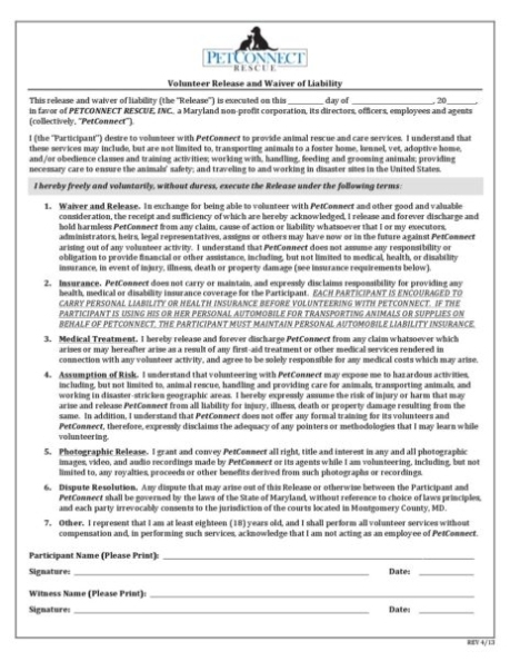 Volunteer Release & Waiver - Petconnect Rescue With Volunteering Form Disclaimer Templates