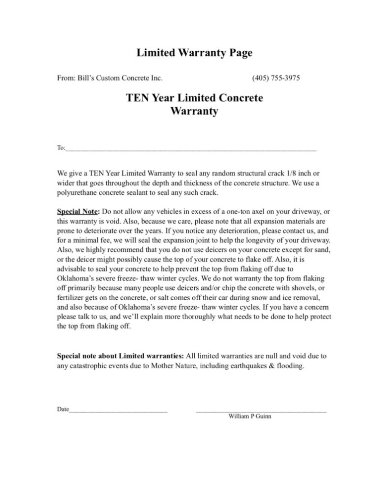 Warranty | Bill'S Custom Concrete Contractors Okc Inside Limited Warranty Agreement Template