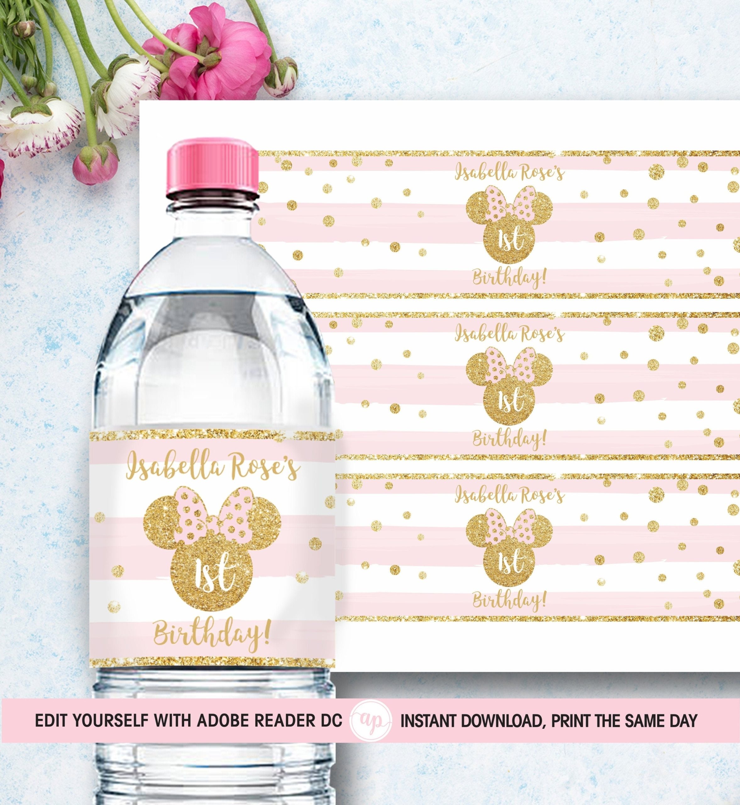 Water Bottle Label Minnie Mouse Template Water Bottle Wrapper | Etsy In Minnie Mouse Water Bottle Labels Template