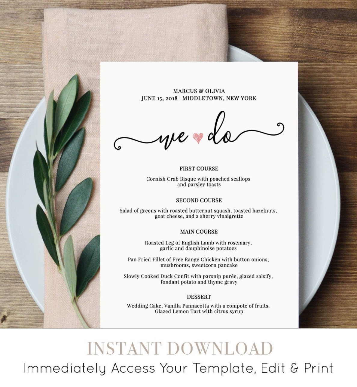 Wedding Menu Card Template, We Do, Printable Dinner Menu, Heart Menu intended for Free Printable Menu Templates For Wedding