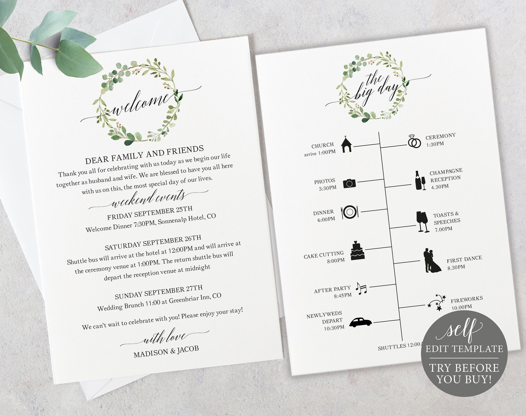Wedding Timeline & Welcome Letter Template, Editable Printable Intended For Wedding Welcome Letter Template